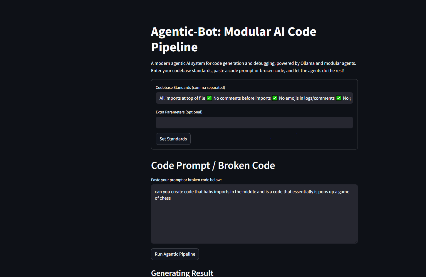 July 23, 2025: Agentic AI Coding Agent. This agentic AI system takes in user-defined code base standards and extra parameters, saving them in memory. The coding agent prompts the user for debugging or code generation tasks, generates code, and ensures compliance with standards via a supervisor that approves or disapproves the output. This project fits both AI & Automation and Data Science roles, demonstrating advanced agentic workflows and code quality enforcement.