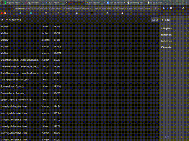 3rd May 2024:                                              
                                    
                                 This capstone project, developed during my final college class, addresses the challenge of finding accessible bathrooms on a large campus like CU Boulder. Working with a creative partner, we created a bathroom locator app with a unique review system for cleanliness and busyness. Users can submit bathroom locations, which are verified before being added to the app. Our high-fidelity prototype includes hundreds of data points and can be scaled for use on university campuses or in cities, growing more valuable as users contribute data.