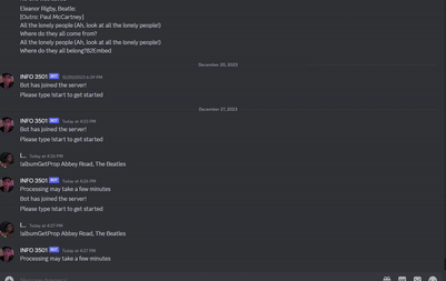 27th December 2023: 
                                    A Discord bot equipped with numerous commands retrieves music-related details and generates visual representations derived from musical data.
                                
                                    This discord bot is made to work on any server it is invited to, with an array of commands to fetch desired information about songs, albums, and artists. Generates visualizations based off inputted albums. Utilizing Spofity and Genius API
